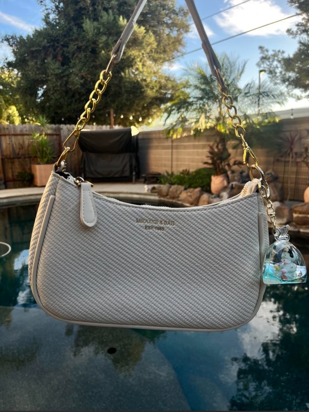 Cream Quilted Shoulder Bag with Gold Chain